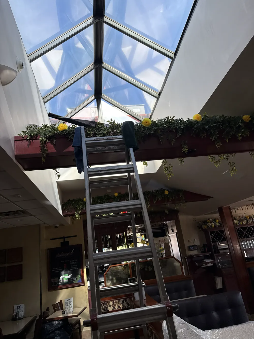 Restaurant atrium skylight film install for La Piazza restaurant, ladder reaching the glass roof